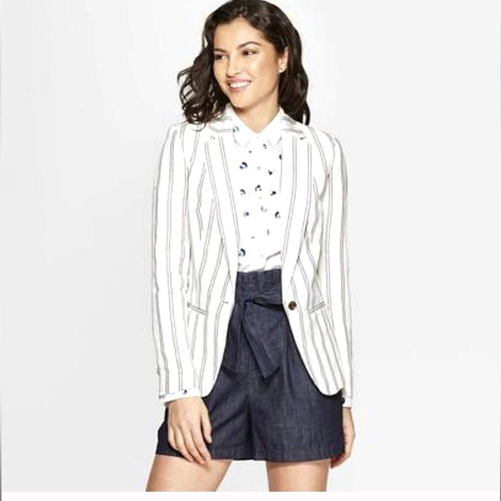 a new day White and Blue Striped Linen Blend Blazer